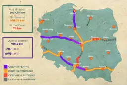 Mapa Polski z zaznaczonymi odcinkami autostrad. Czy autostrada A4 jest płatna? Tak, 719,4 km odcinków jest płatnych.