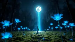 Nocny las, gdzie świecące na niebiesko kwiaty tworzą magiczną polanę. W centrum stoi postać, wpatrzona w snop światła z księżyca. To jak piękny sen o kwiatach.