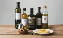 Variedad de aceites de oliva virgen y de orujo en botellas, junto a aceitunas y una tostada.