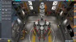 W hangarze Kerbal Space Program spolszczenie: wielka rakieta Kosmo-1 czeka na start.