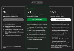 Porównanie planów: Free, Plus i Pro. Plan Plus oferuje ulepszenia, w tym dostęp do modeli GPT-4.5 i generatora wideo Sora.
