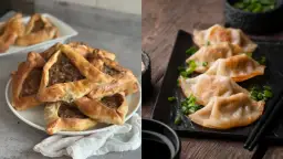 Empanadas triangulares rellenas de carne y dumplings dorados con cebolla verde.
