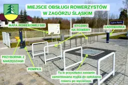 Miejsce obsługi rowerzystów w Zagórzu Śląskim: stojaki, ładowarka, pompka, przybornik z narzędziami i mapa rowerowa.