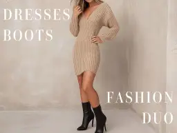 Mujer luce un vestido corto de punto color camel con botas altas negras, un dúo de moda perfecto para cualquier ocasión.