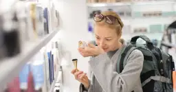 Kobieta z plecakiem wącha perfumy, zastanawiając się, ile kosztują perfumy na lotnisku.