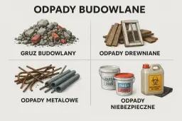 Segregacja odpadów budowlanych: gruz, drewno, metal, farby i odpady niebezpieczne.