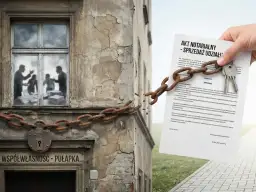 Akt notarialny "Sprzedaż udziału" z kluczami i zerwanym łańcuchem symbolizuje problem, czy można sprzedać współwłasność bez zgody współwłaściciela.