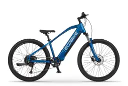 Niebieski elektryczny rower dla dzieci z napisem ECOBIKE na ramie. Idealny do nauki jazdy i pierwszych wycieczek.