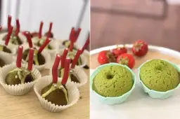Dwa ujęcia: muffinki z czerwonymi patyczkami i posypką, oraz zielone muffinki z truskawkami.