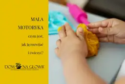 Dziecko rozwija motorykę małą, ugniatając żółtą masę plastyczną. Obok widać niebieską foremkę i różowy wałek.