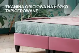 Miętowa tkanina obiciowa na łóżko tapicerowane, z różową ramą i różową narzutą.