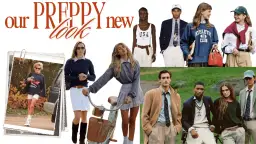 Colección de moda con estilo preppy: jóvenes con looks universitarios, ropa deportiva y trajes clásicos.