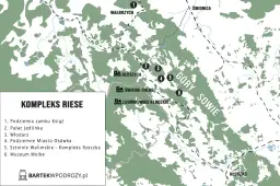 Mapa turystyczna Komplexu Riese w Górach Sowich. Wskazuje lokalizacje podziemi zamku Książ, Pałacu Jedlinka, Włodarza, Podziemnego Miasta Osówka, Sztolni Walimskich i Muzeum Molke.