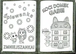 Koci domek Gabi kolorowanka: Gabi i Pufiś otoczeni kwiatkami, obok zjeżdżalnia i domek w kształcie kota.