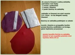Materiały do uszycia kieszeni z wypustką: fioletowy element z taśmą, dwa szare prostokąty, czerwony półokrąg.
