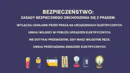 Ilustracja przedstawia zasady bezpieczeństwa dotyczące prądu: baterie, bezpiecznik, żarówkę i wyłącznik.