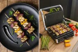 Pyszne warzywa na grilla: szaszłyki z bakłażana, tofu, cebuli i papryki, gotowe do podania lub w trakcie grillowania.
