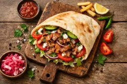 Kebab w picie z mięsem, warzywami i frytkami na desce.