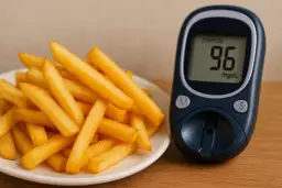 Talerz frytek obok glukometru pokazującego 96 mg/dL.