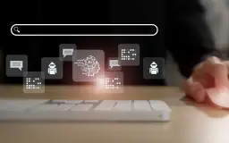 Szukaj informacji o marketingu AI na blogu. Ikony symbolizują sztuczną inteligencję, roboty i komunikację.