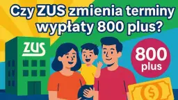 Rodzina przed budynkiem ZUS z napisem "800 plus" i symbolem pieniądza.