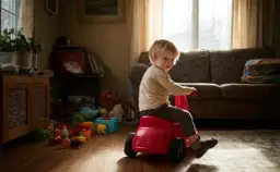 Mały chłopiec na czerwonym jeździku grawitacyjnym. Od jakiego wieku można zacząć zabawę? W tle salon z zabawkami.