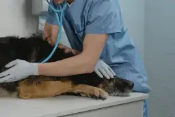 Weterynarz w niebieskim fartuchu i rękawiczkach bada psa stetoskopem.