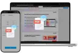 Ikona PDF na ekranie telefonu i laptopa z dokumentem.