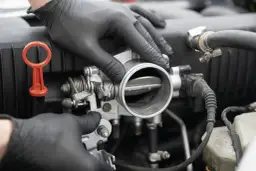 Mechanik w czarnych rękawiczkach sprawdza przepustnicę. Objawy awarii mogą być różne, od nierównej pracy silnika po problemy z przyspieszeniem.