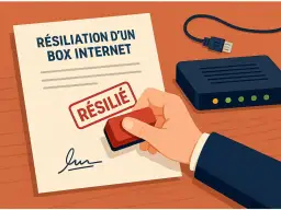 Document "Résiliation d'un box internet" tamponné "RÉSILIE". Une main appose le cachet, symbolisant la fin d'un abonnement.