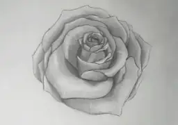 Bleistiftzeichnung einer Rose mit detaillierten Blütenblättern.