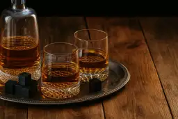 Dwa kieliszki whisky i karafka na tacy. Obok kostki chłodzące (stones) pokazują, dlaczego są lepsze od lodu, unikając rozcieńczenia.
