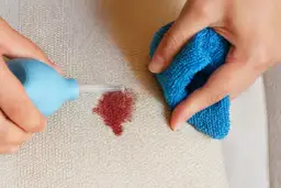 Ręce czyszczą plamę z krwi na kanapie niebieską ściereczką i aplikatorem.