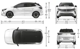Opel Grandland wymiary: długość 4477 mm, szerokość 1906 mm, wysokość 1609-1630 mm. Widok z boku, przodu, tyłu i z góry.
