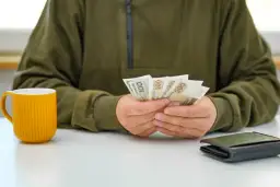 Osoba liczy pieniądze, być może czekając na podwyżki dla pracowników samorządowych. Obok stoi żółty kubek i portfel.