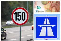 Znak ograniczenia prędkości 150 km/h na autostradzie w Czechach, obok symbol autostrady i banknoty euro.