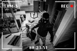 Złodziej w masce na twarzy, z torbą w ręku, przygotowuje się do kradzieży. W tle widać przewrócone meble i bałagan, jakby po szybkim przeszukaniu. To nie jest zwykły dzień, to moment, gdy oczep zostaje zdjęty z głowy, a złoczyńca działa.