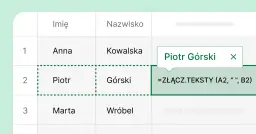 Jak stworzyć automatyczny generator imion i nazw własnych za pomocą formuł: przykład łączenia imienia "Piotr" i nazwiska "Górski".