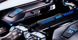 Silnik W16 Bugatti Chiron z niebieskimi akcentami i oznaczeniem 1600.