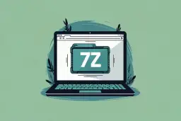 Ilustracja laptopa z ikoną folderu 7z na ekranie. Dowiedz się, jak otworzyć plik 7z.