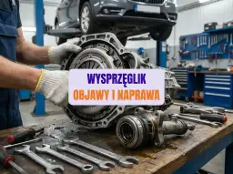 Mechanik trzymający element skrzyni biegów, narzędzia na stole, w tle samochód na podnośniku.