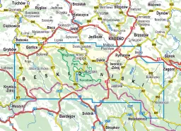 Mapa przedstawia **Beskid Niski atrakcje**: szlaki, miejscowości jak Gorlice, Krosno, Sanok, Dukla, Magurski Park Narodowy.