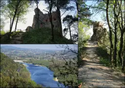 Ruiny zamku w Melsztynie na wzgórzu, ścieżka prowadząca do nich i widok na dolinę Wisły.
