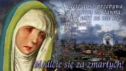 Obraz przedstawia płaczącą Matkę Boską obok cmentarza z grobami i zniczami.