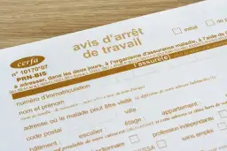Avis d'arrêt de travail, document Cerfa pour une sortie autorisée. Il contient des informations sur l'assuré(e) et l'adresse de visite.