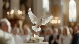 Biały gołąb symbolizujący Ducha Świętego unosi się nad zgromadzonymi podczas uroczystości bierzmowania w kościele.