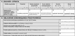 Formularz PIT-39, sekcja C: dochód/strata. Wpisujesz tu przychody z odpłatnego zbycia nieruchomości, koszty ich uzyskania i obliczasz dochód lub stratę.