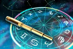 Złota luneta spoczywa na tle koła zodiaku, gdzie 23 sierpnia znak zodiaku to Panna.