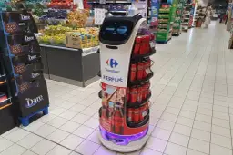 Robot Kerfuś w sklepie Carrefour, innowacja w branży retail. Promuje napoje Coca-Cola i słodycze.