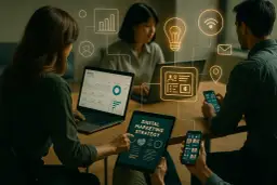 Zespół analizuje dane i tworzy strategię digital marketingową, korzystając z laptopów i tabletów.